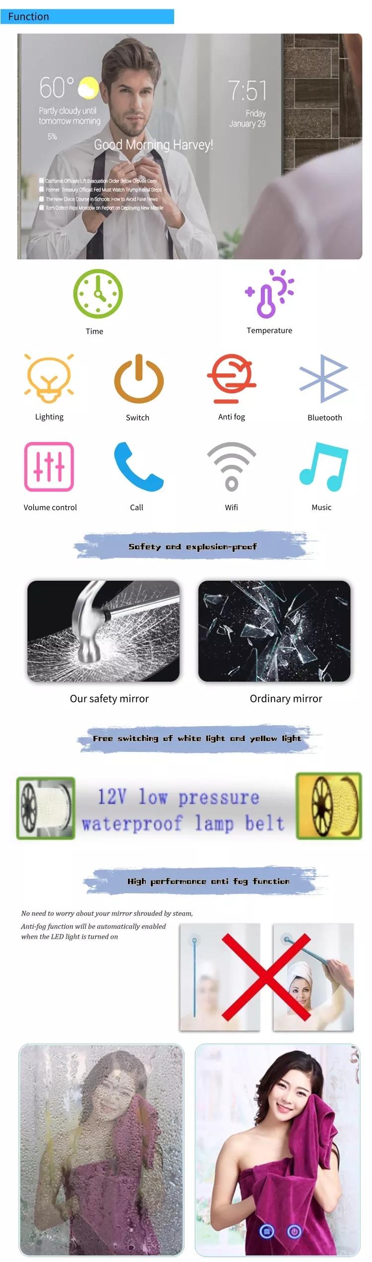 مصنع المهنية الصمام ضوء لمس الاستشعار التبديل 3-6mm سميكة الغرور الذكية مرآة الزجاج بالجملة