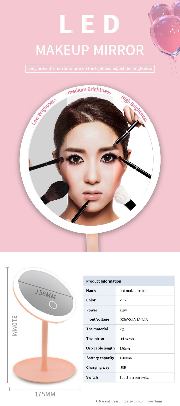 جديد لمس استشعار USB قابلة للشحن 360 درجة قابل للتعديل HD LED المكياج مرآة